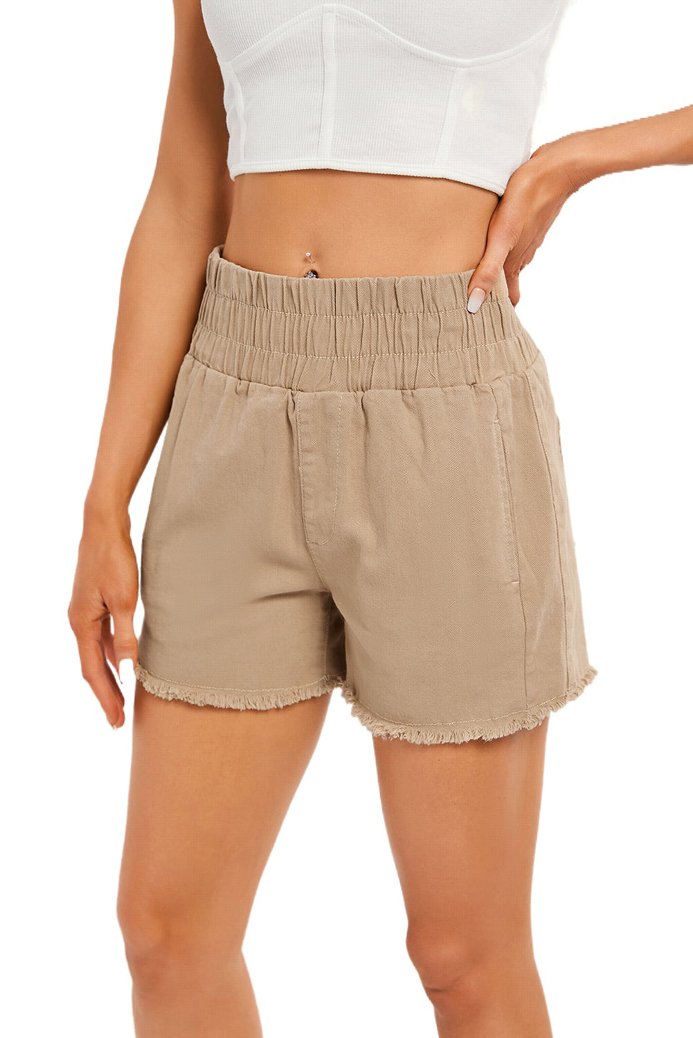 Honeybee Mumford's Khaki Smocked Elastic High Waist Casual Shorts