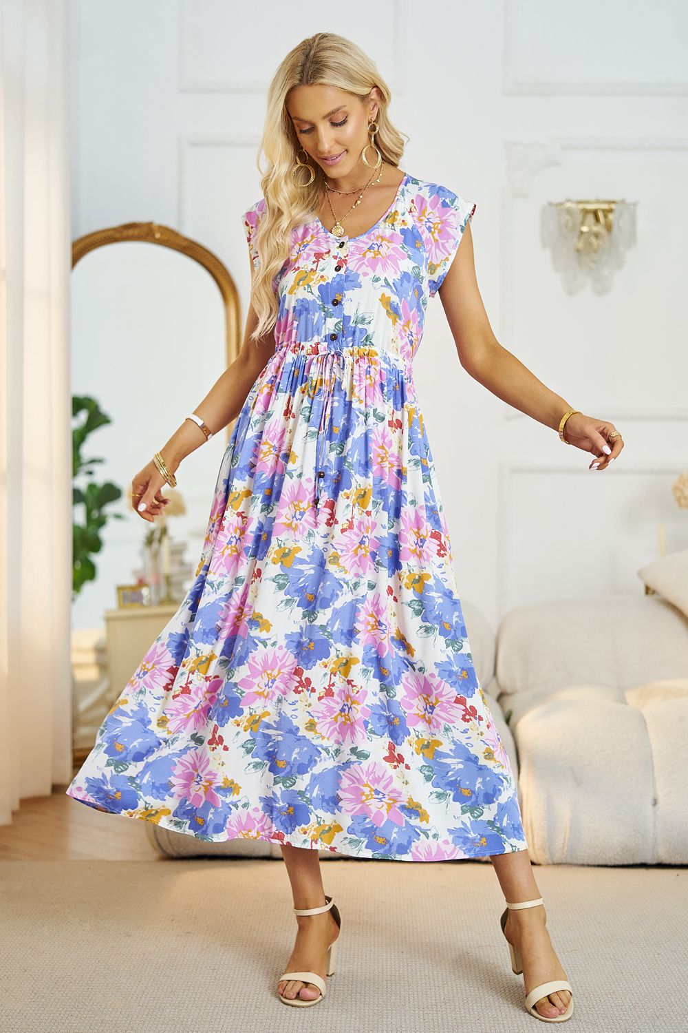 Honeybee Mumford's Floral V-Neck A-Line Midi Dress