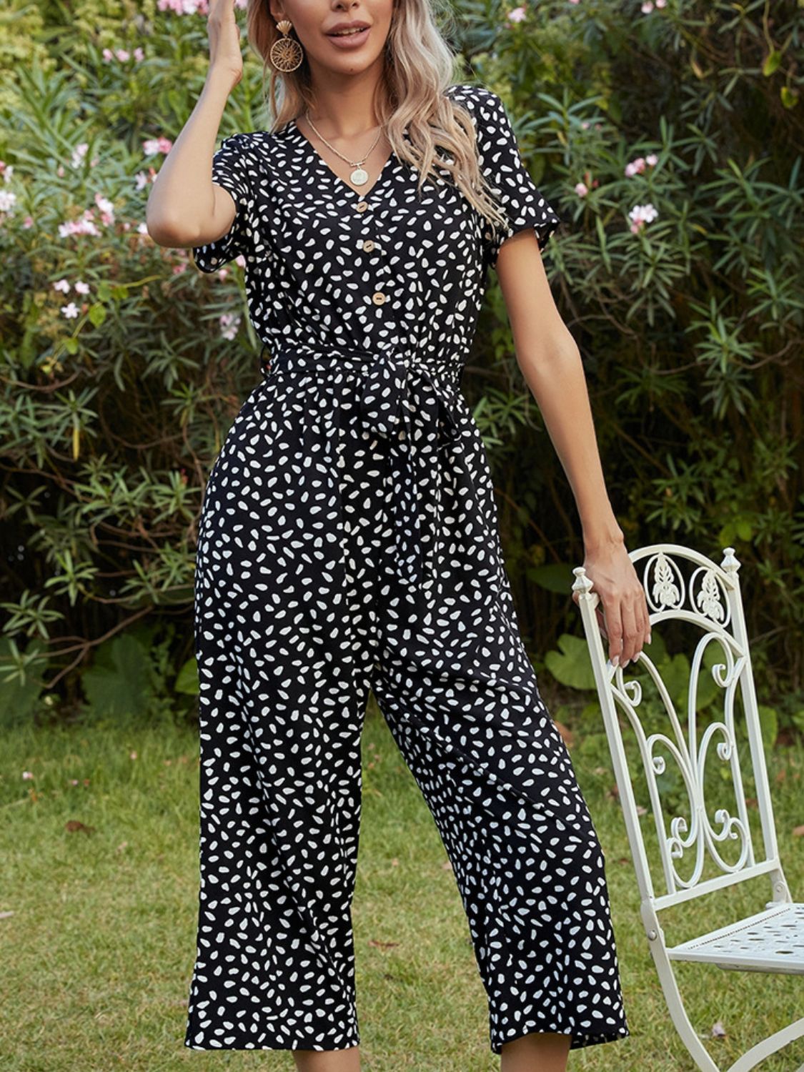 Honeybee Mumford's Printed V-Neck Short Sleeve Jumpsuit