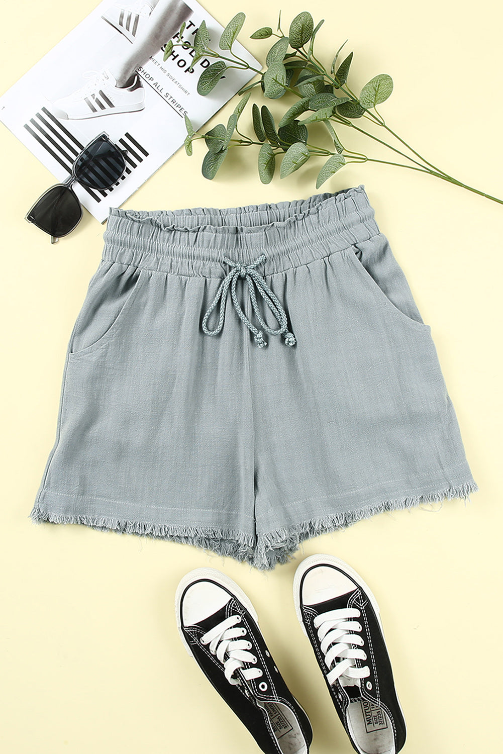 Honeybee Mumford's Gray Drawstring Frayed Edge Pocketed Shorts