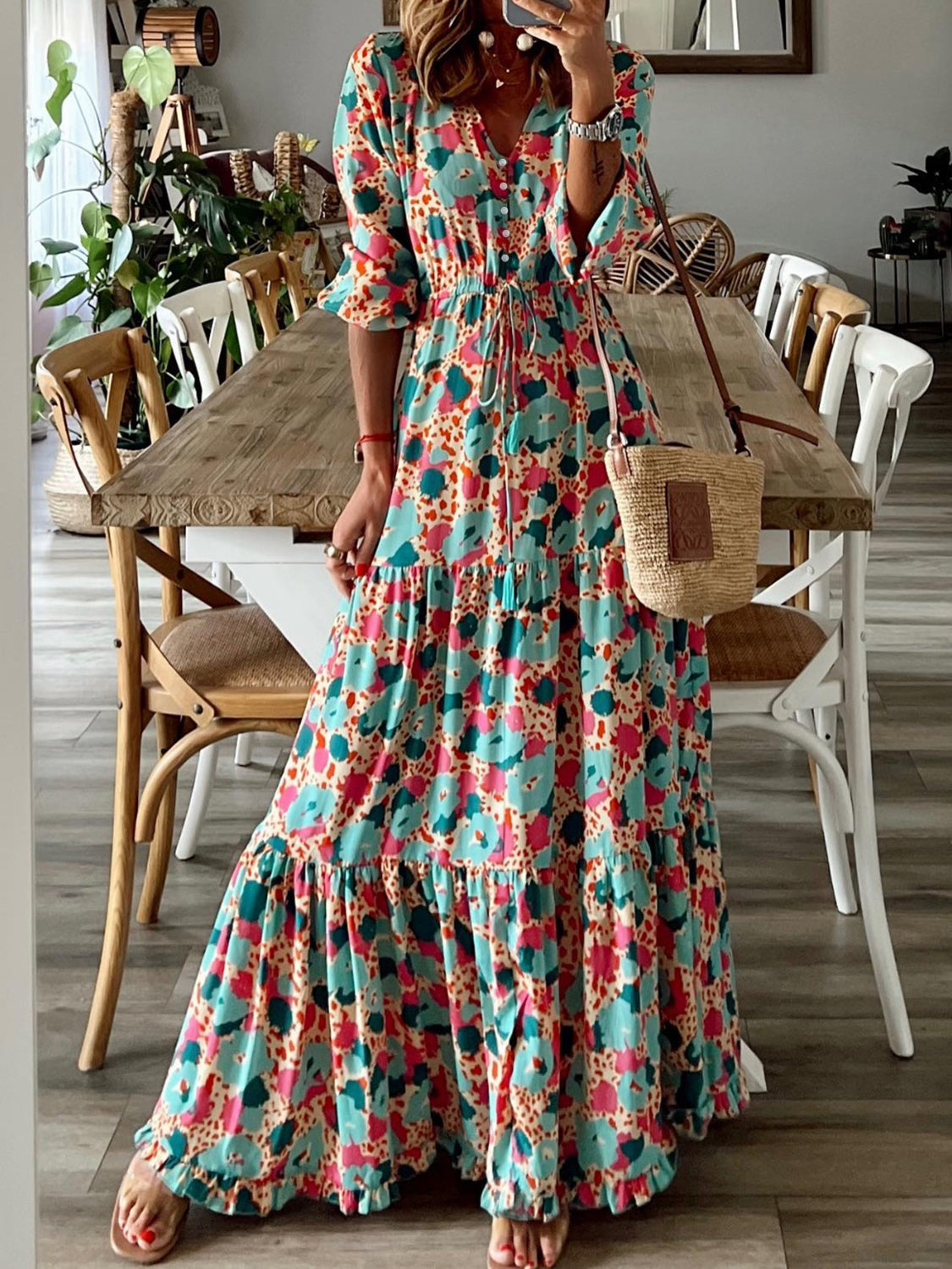 Honeybee Mumford's Button Up Ruffle Hem Tiered Maxi Dress