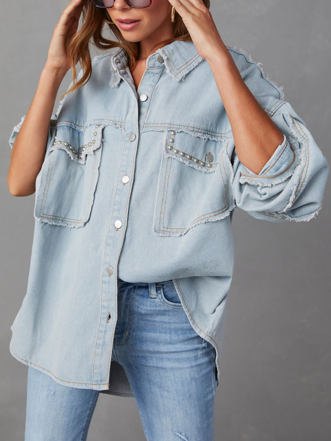 Honeybee Mumford's Button Down Denim Jacket w/Raw Hem in Ivory & Light Blue