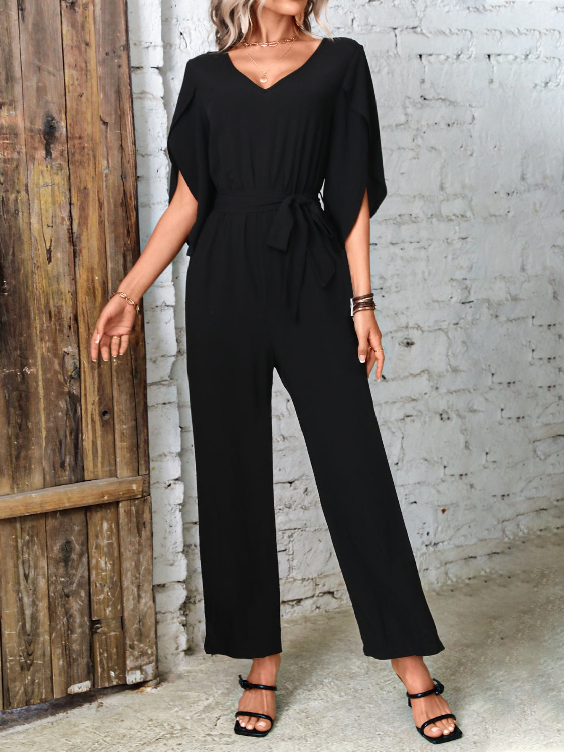 Honeybee Mumford's Tied V-Neck Half Sleeve Wide Leg Jumpsuit