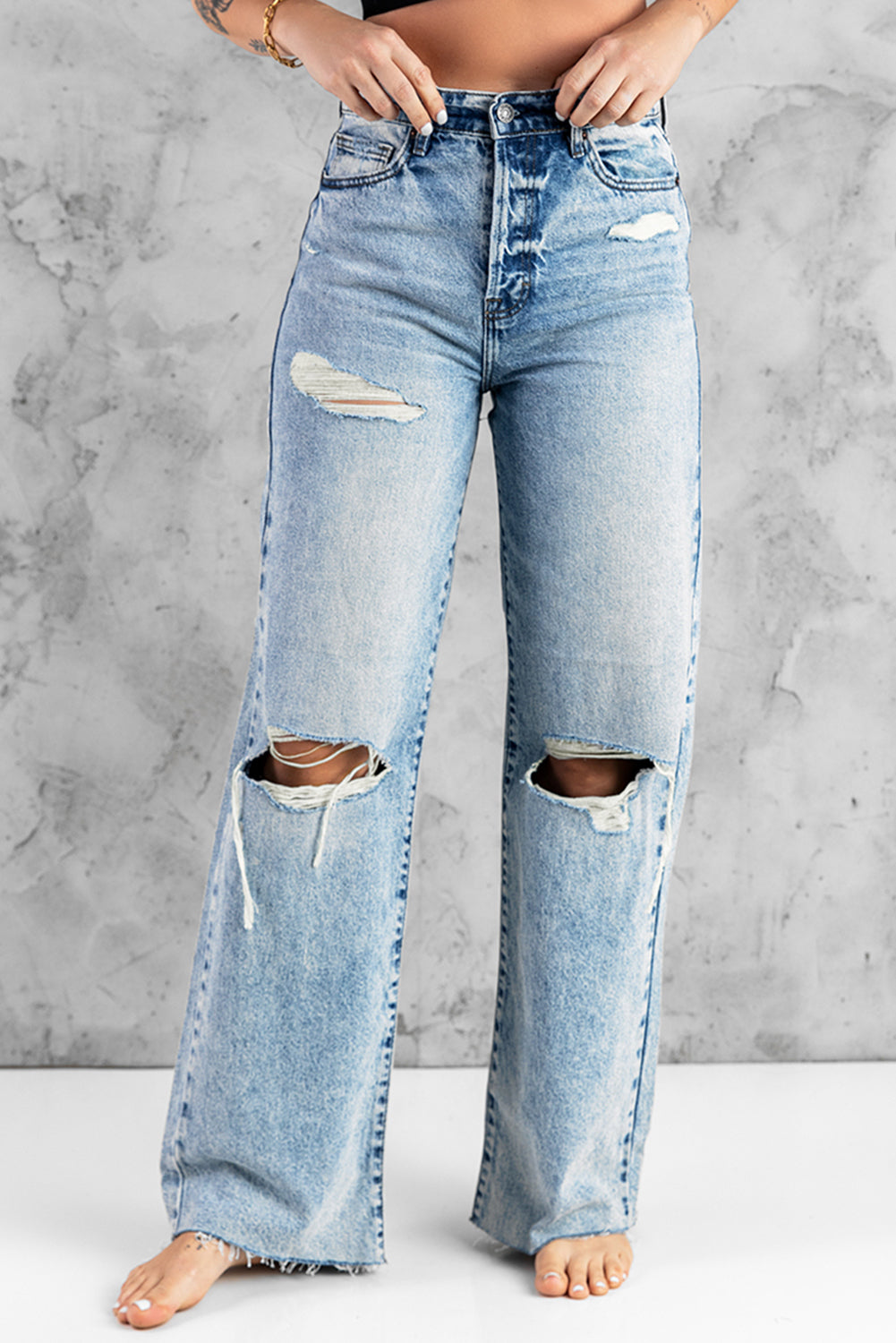 Honeybee Mumford's Sky Blue Distressed Hollow-out Knees Wide Leg Jeans