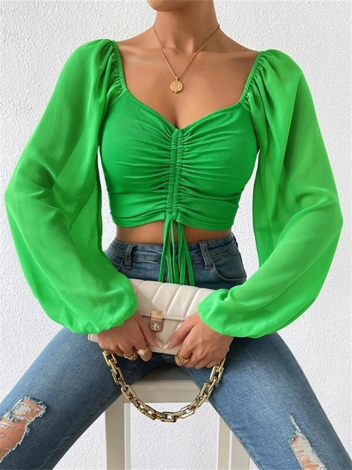 Honeybee Mumford's Drawstring Sweetheart Neck Cropped Top