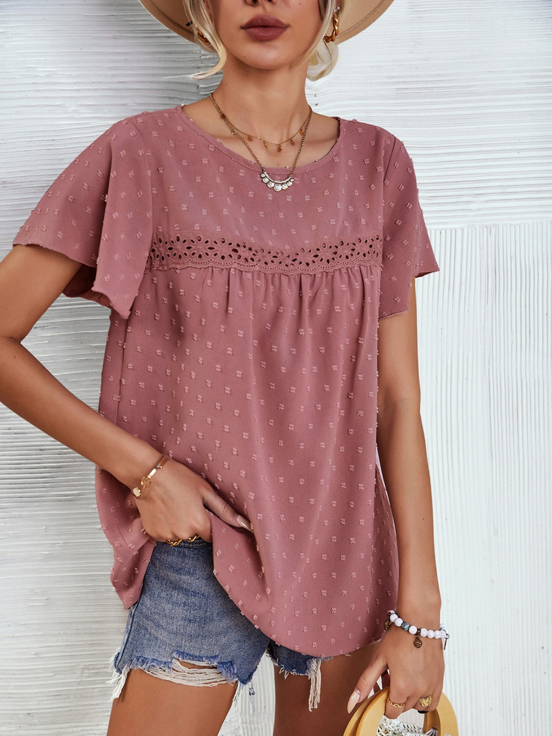 Honeybee Mumford's Lace Detail Round Neck Short Sleeve Blouse