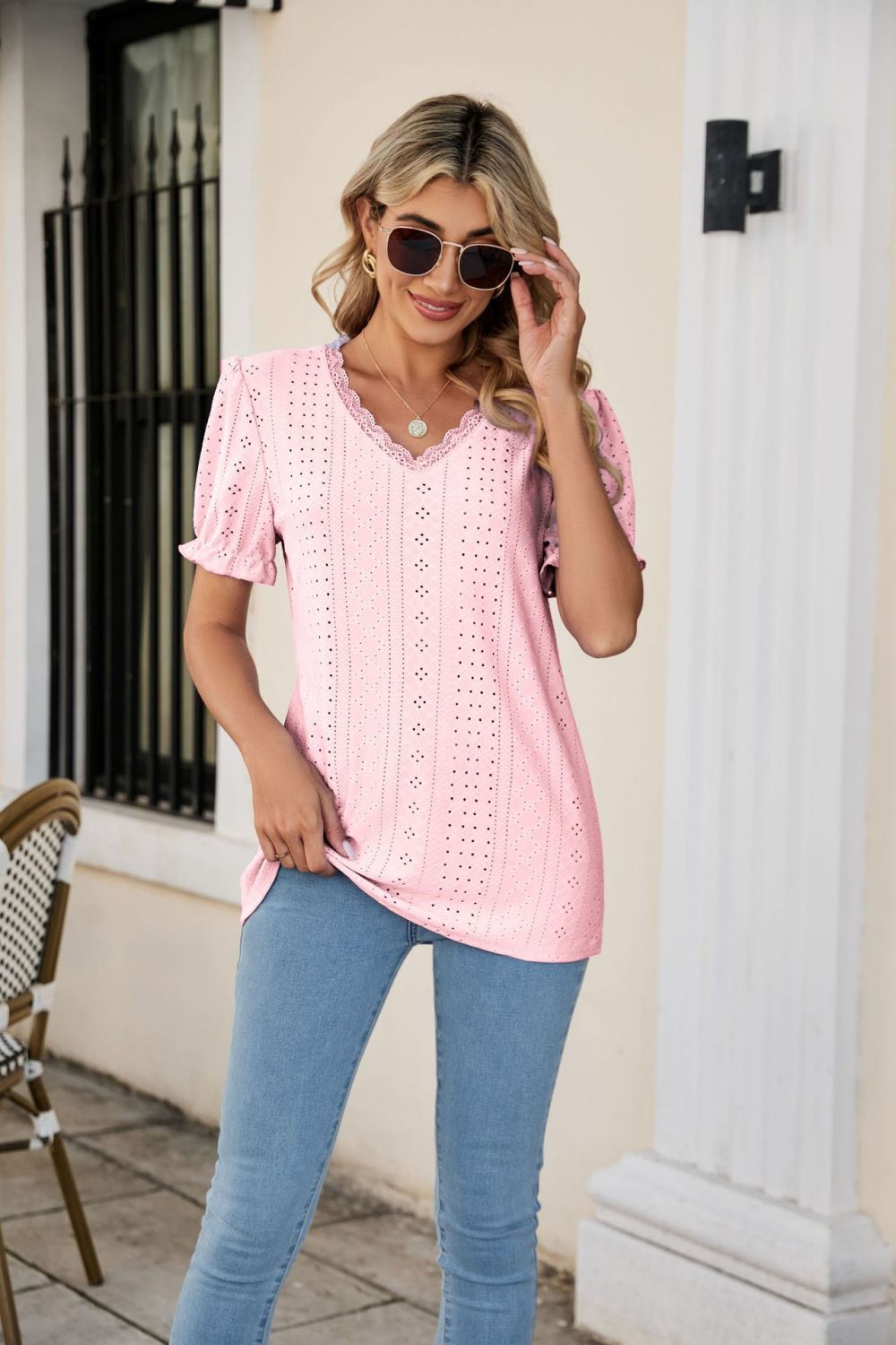 Honeybee Mumford's Eyelet Flounce Sleeve Scalloped V-Neck Top