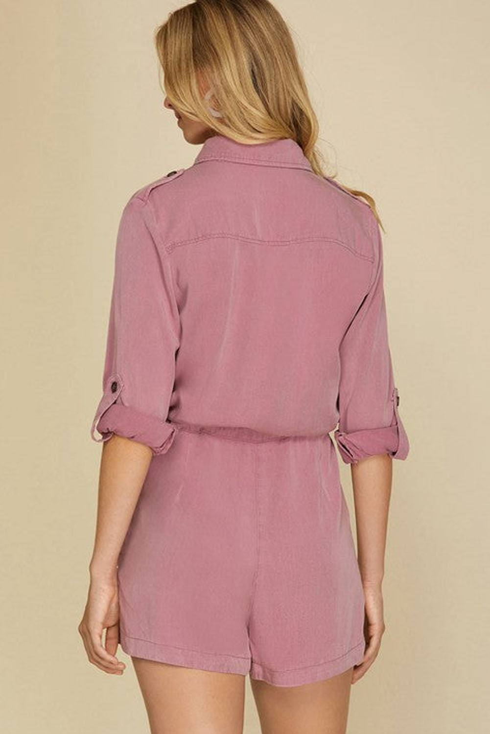 Honeybee Mumford's Pink Roll up Sleeve Flap Pockets Drawstring Playsuit