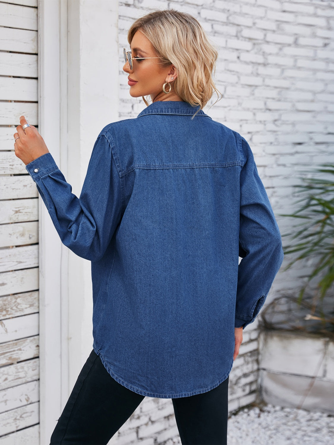 Honeybee Mumford's Button Up Denim Jacket w/ Collared Neck in Dark Blue & Dusty Blue