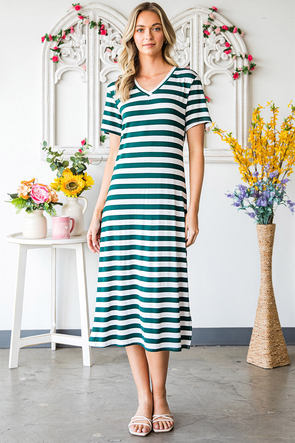 Honeybee Mumford's Striped V-Neck Short Sleeve Side Slit Dress