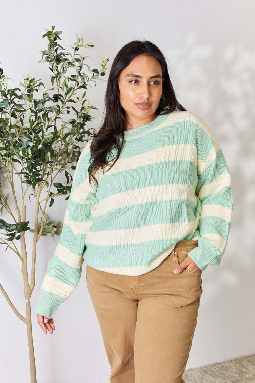 Honeybee Mumford's Sew In Love Full Size Contrast Striped Round Neck Sweater