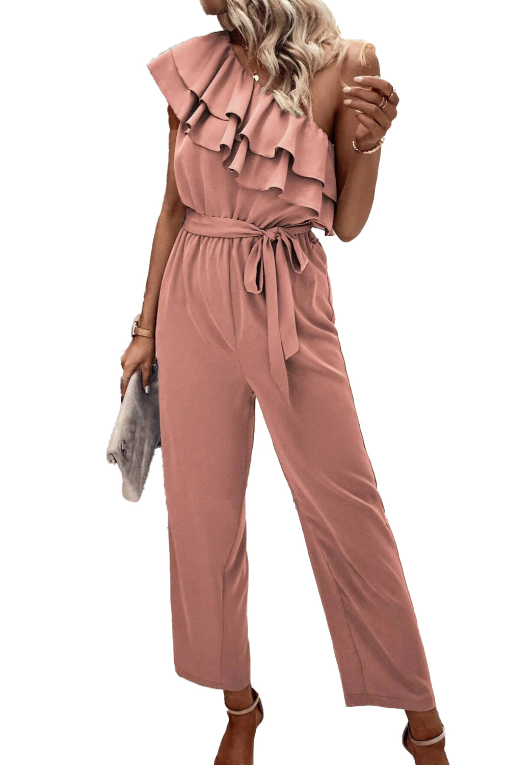 honeybee Mumford's Dusty Pink One Shoulder Ruffle Trim Belted Jumpsuit