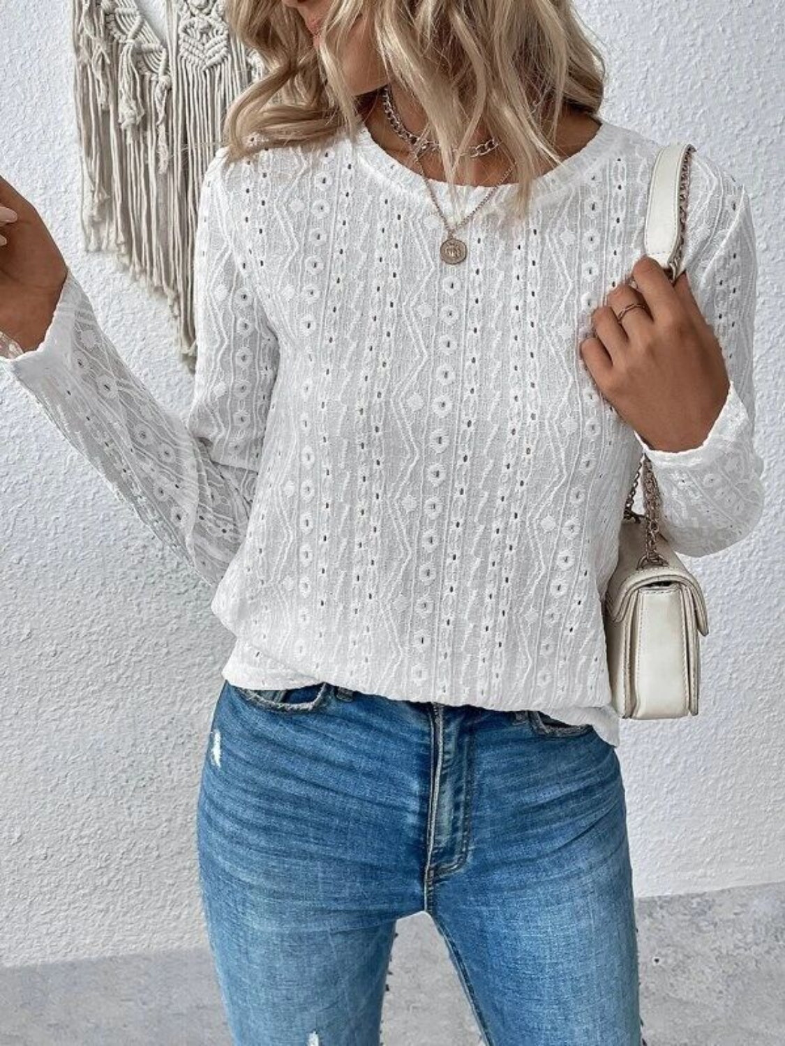 Honeybee Mumford's Eyelet Round Neck Long Sleeve Blouse