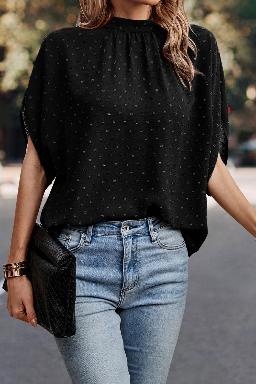 Honeybee Mumford's Swiss Dot Mock Neck Blouse