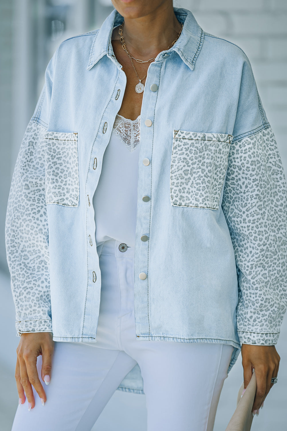 Honeybee Mumford's Sky Blue Contrast Leopard Denim Jacket