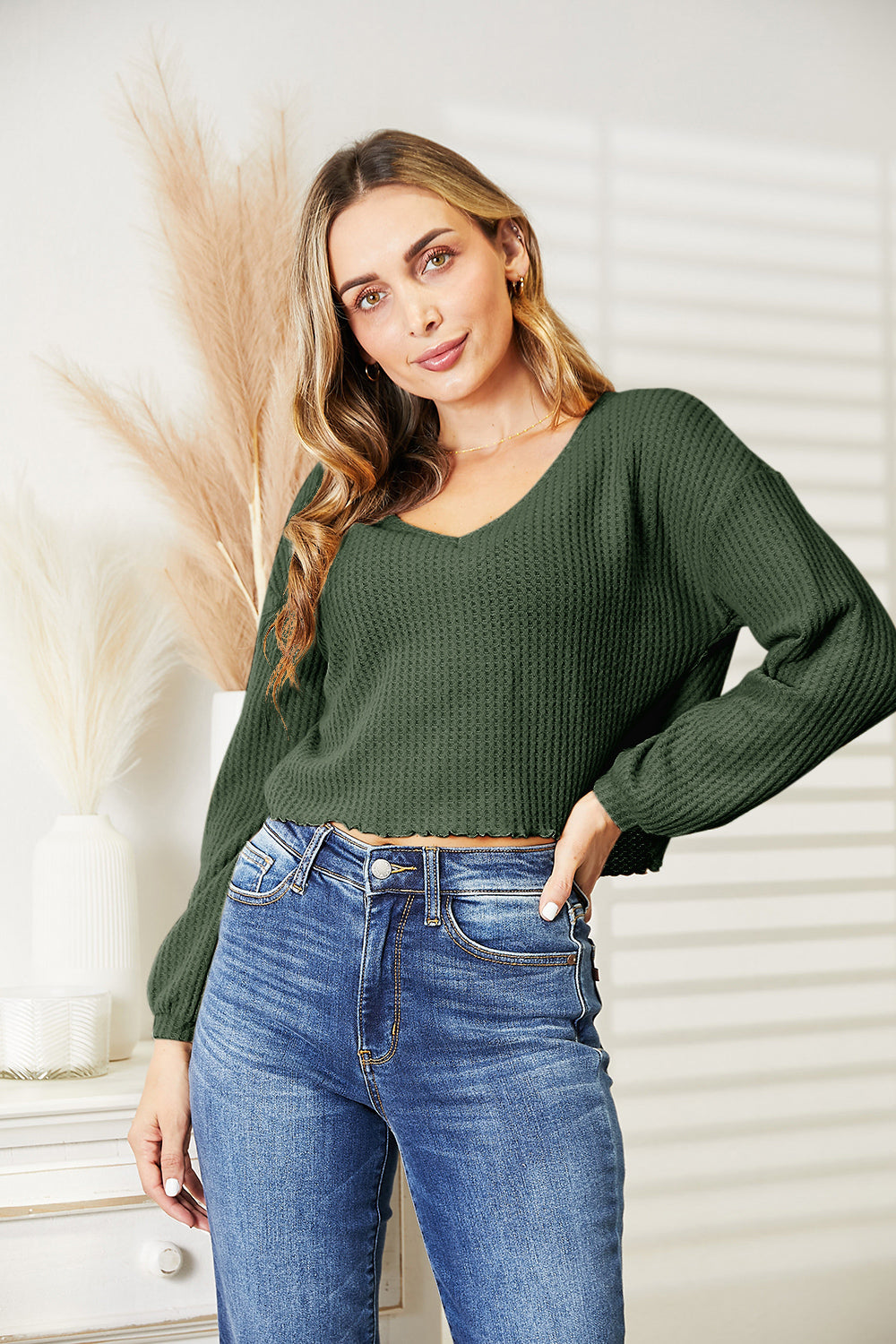 Honeybee Mumford's Full Size Waffle-Knit V-Neck Blouse