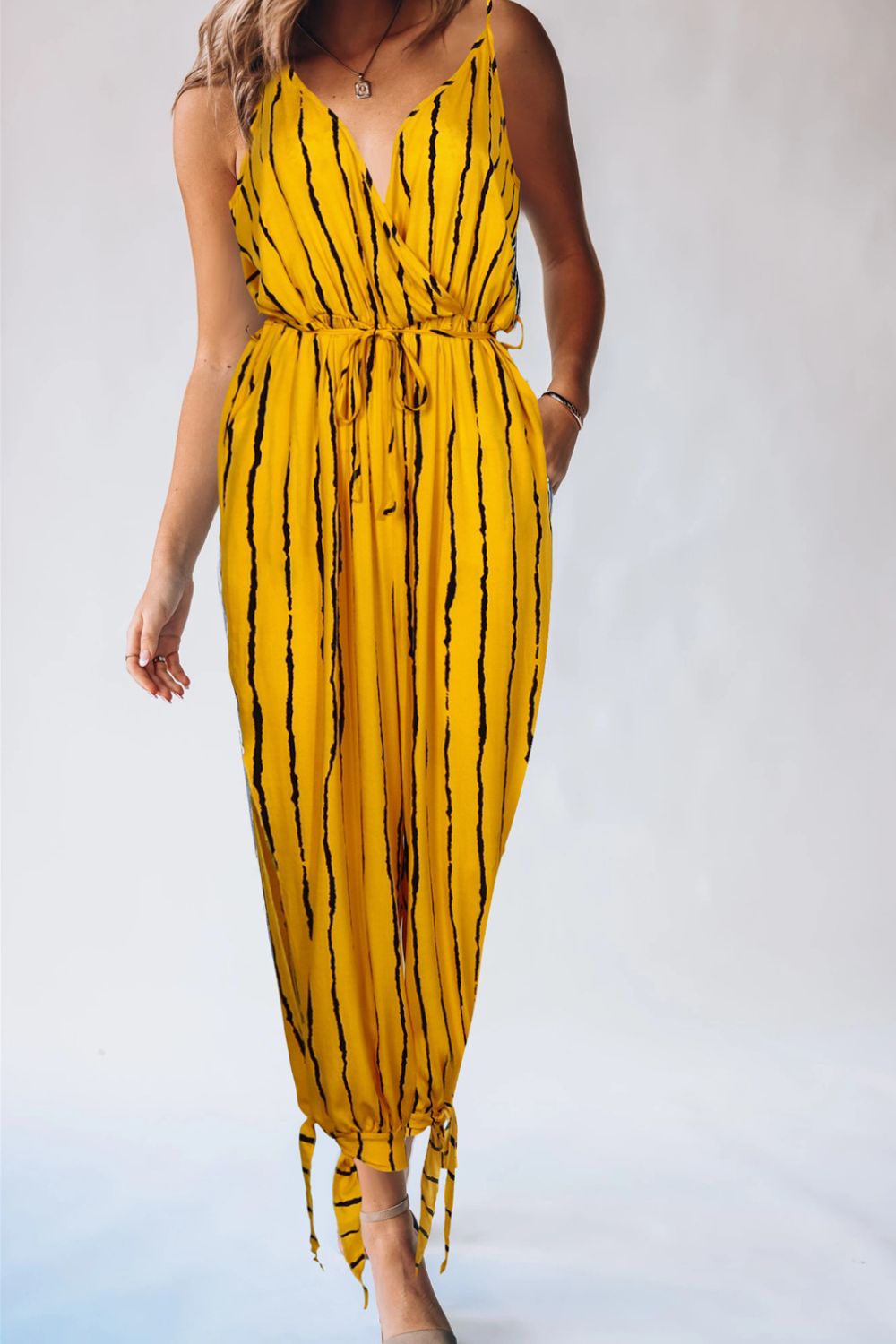 Honeybee Mumford's Striped Contrast Tie Ankle Spaghetti Strap Jumpsuit