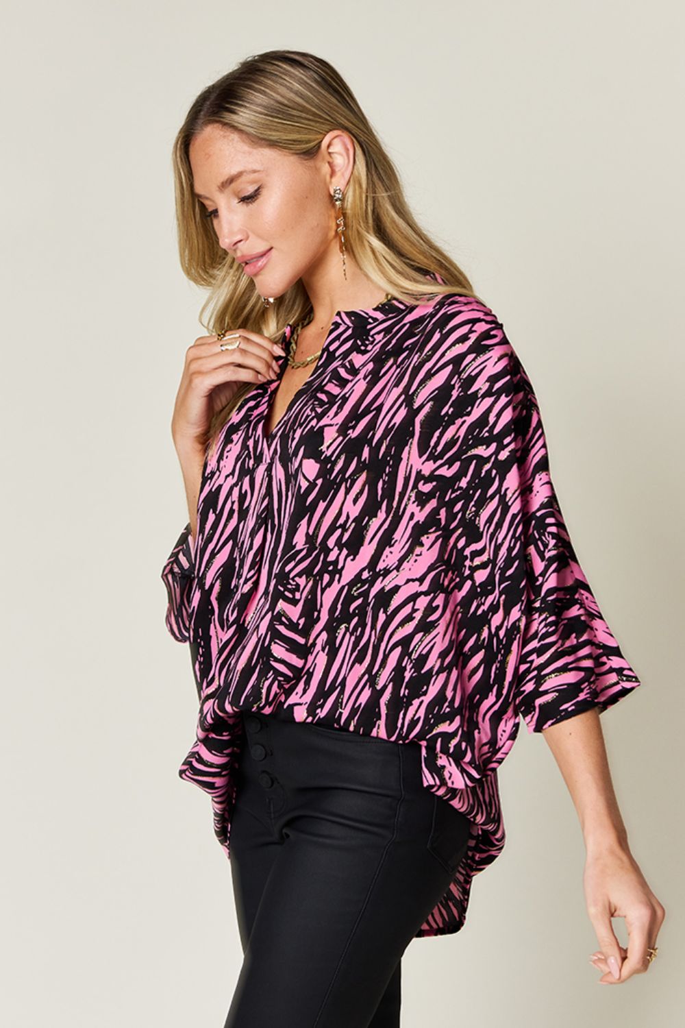 Honeybee Mumford's Full Size Printed Notched Three-Quarter Sleeve Blouse