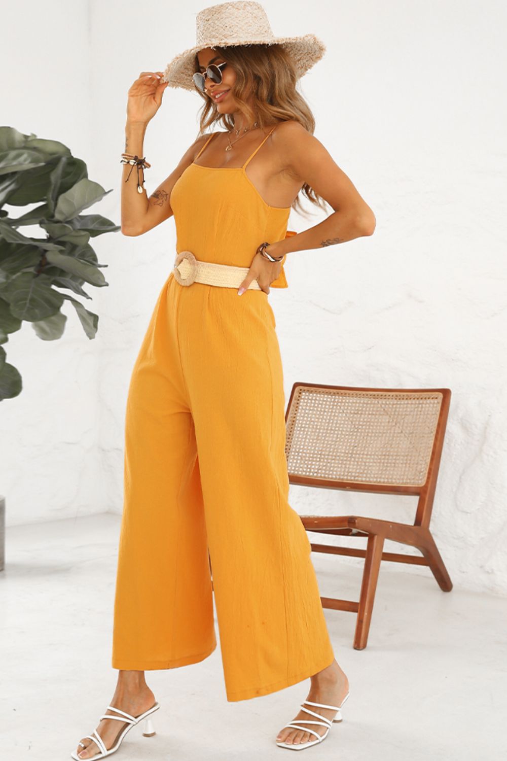 Honeybee Mumford's Cutout Spaghetti Strap Tie Back Wide Leg Jumpsuit