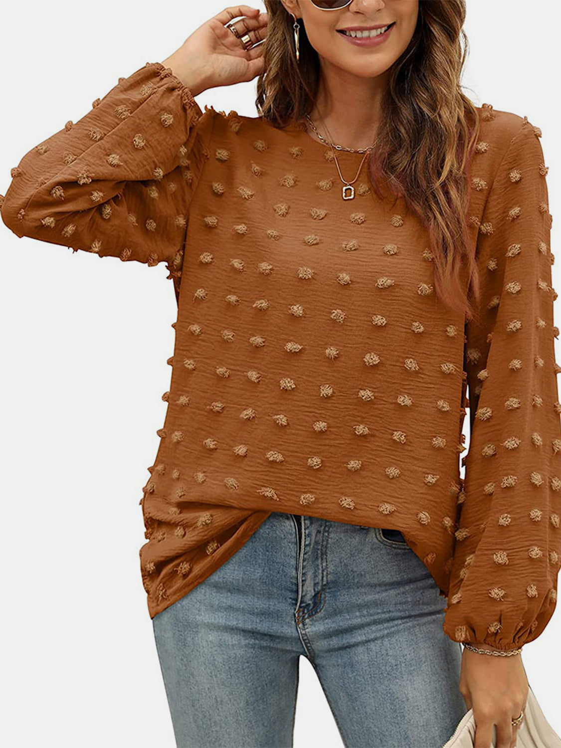 Honeybee Mumford's Swiss Dot Round Neck Long Sleeve Blouse