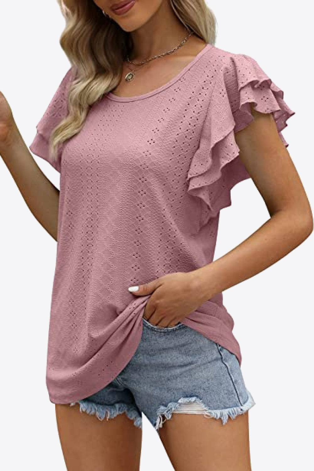 Honeybee Mumford's Round Neck Layered Flutter Sleeve Blouse