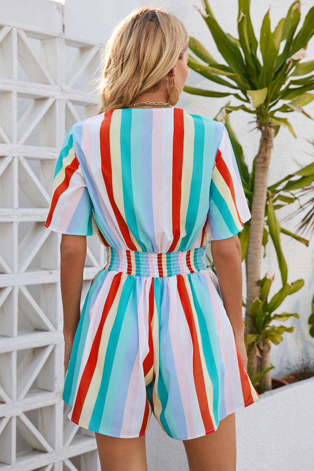 Honeybee Mumford's Multicolor Stripe Print Tie V Neck Flowy Romper