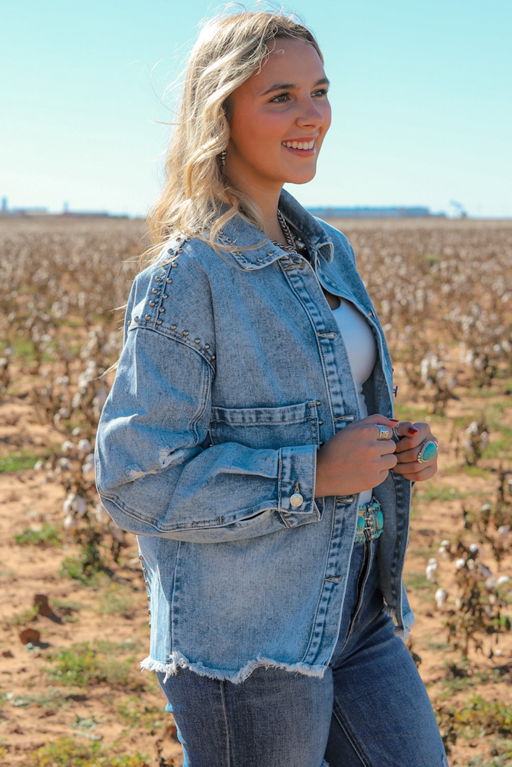 Honeybee Mumford's Sky Blue Studded Acid Wash Denim Jacket