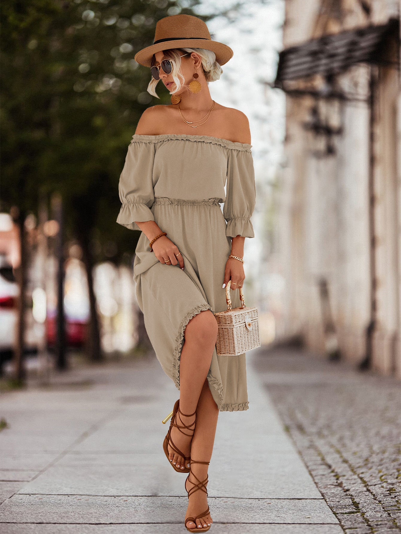 Honeybee Mumford's Frilled Off-Shoulder Flounce Sleeve Dress