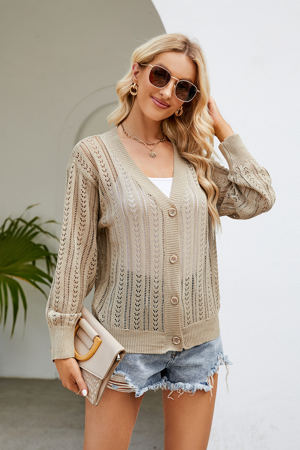 Honeybee Mumford's Openwork Button Front V-Neck Cardigan