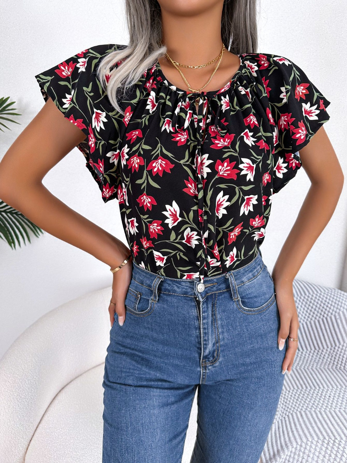 Honeybee Mumford's Floral Tie Neck Flutter Sleeve Blouse