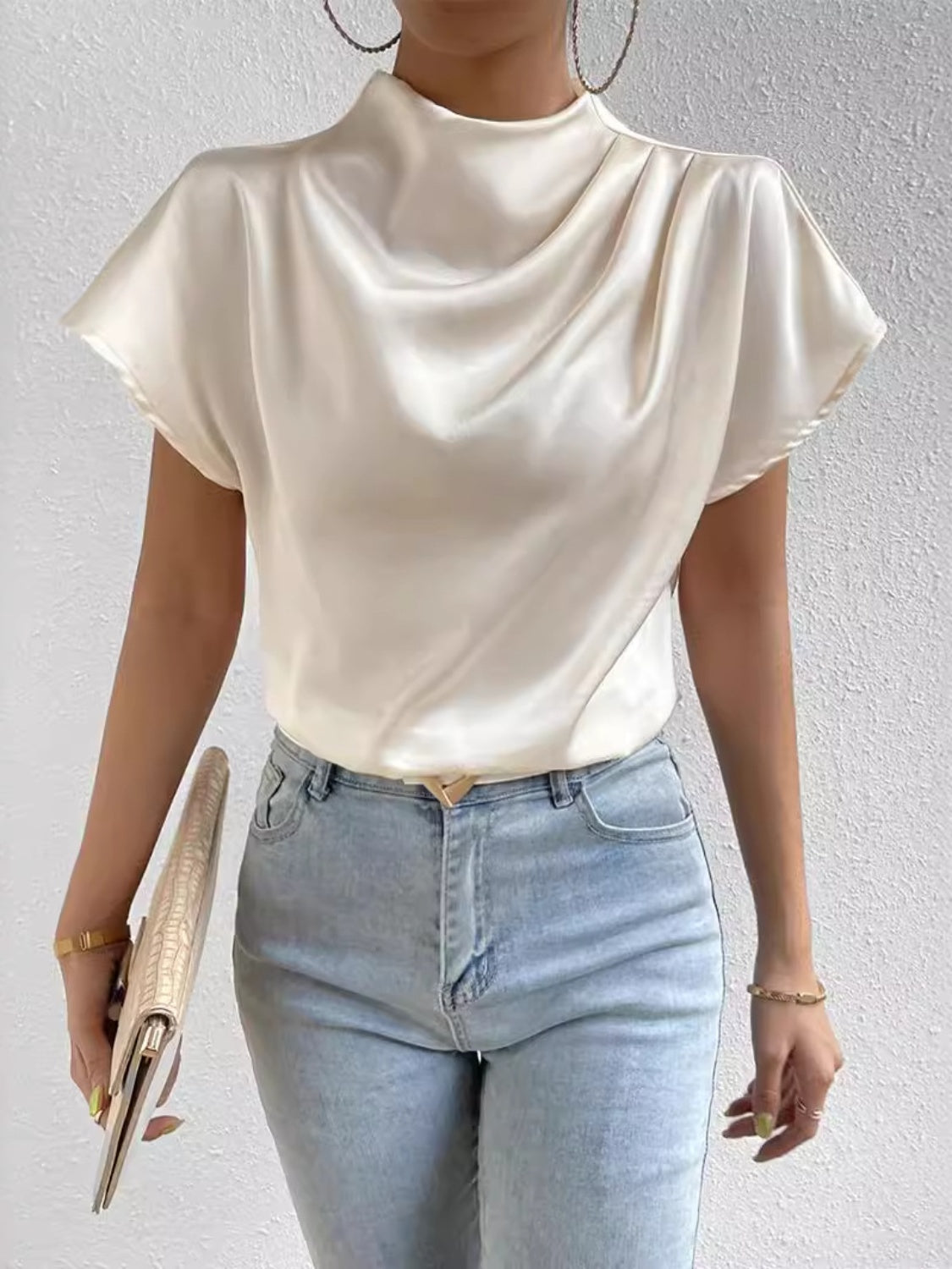 Honeybee Mumford's Ruched Mock Neck Short Sleeve Blouse