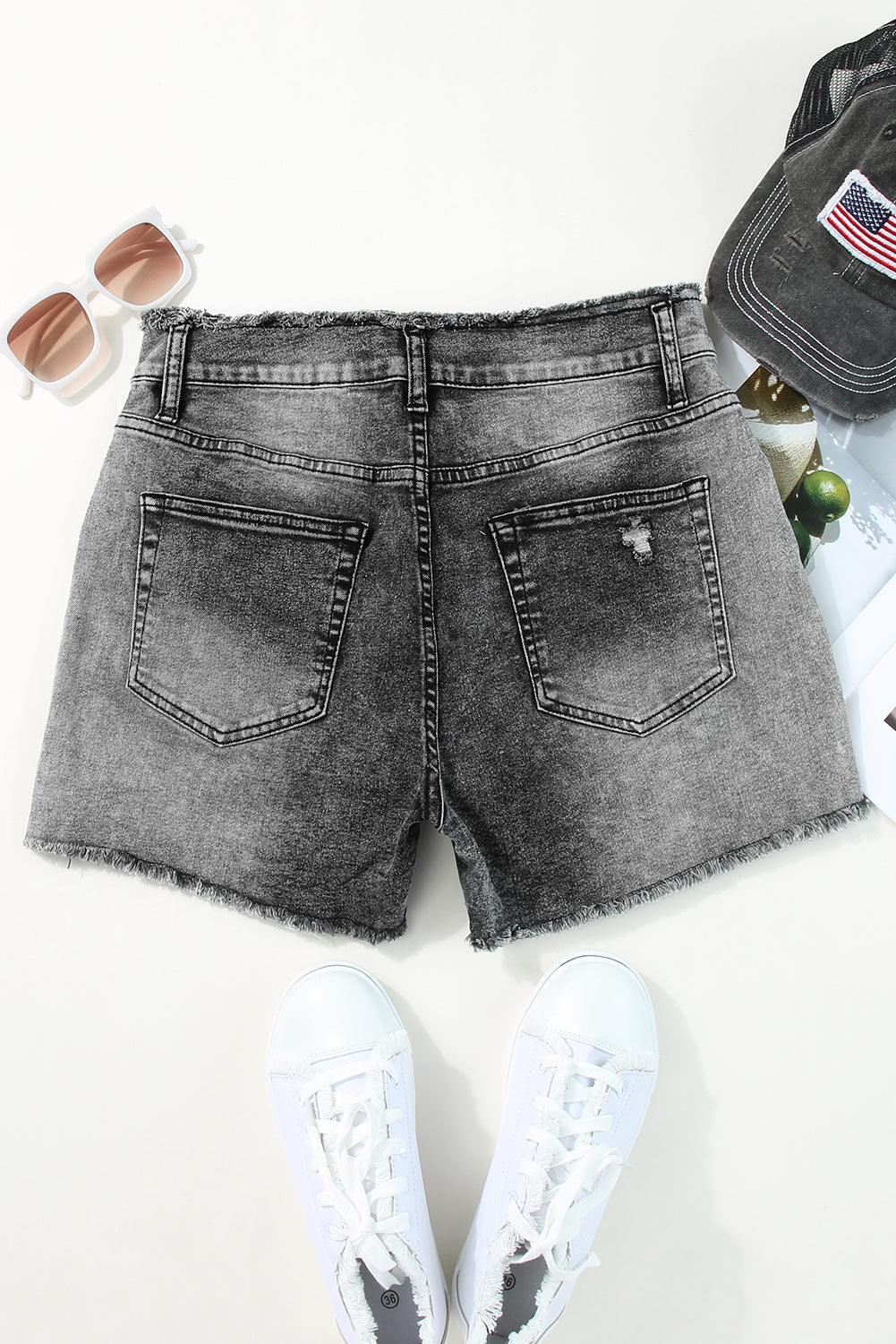 Honeybee Mumford's Gray Acid Wash Raw Edge Skinny Denim Shorts