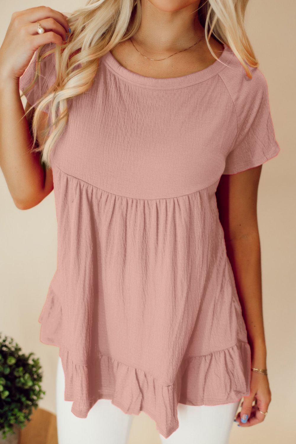 Honeybee Mumford's Ruffled Round Neck Short Sleeve Blouse