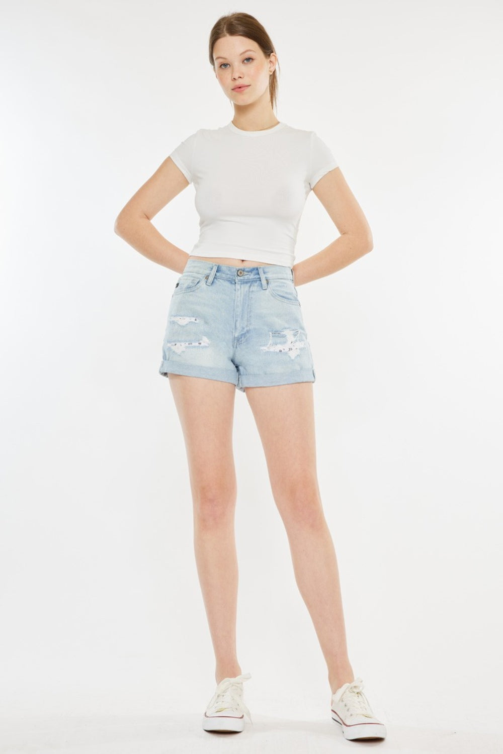 Honeybee Mumford's High Rise Repaired Mom Denim Shorts