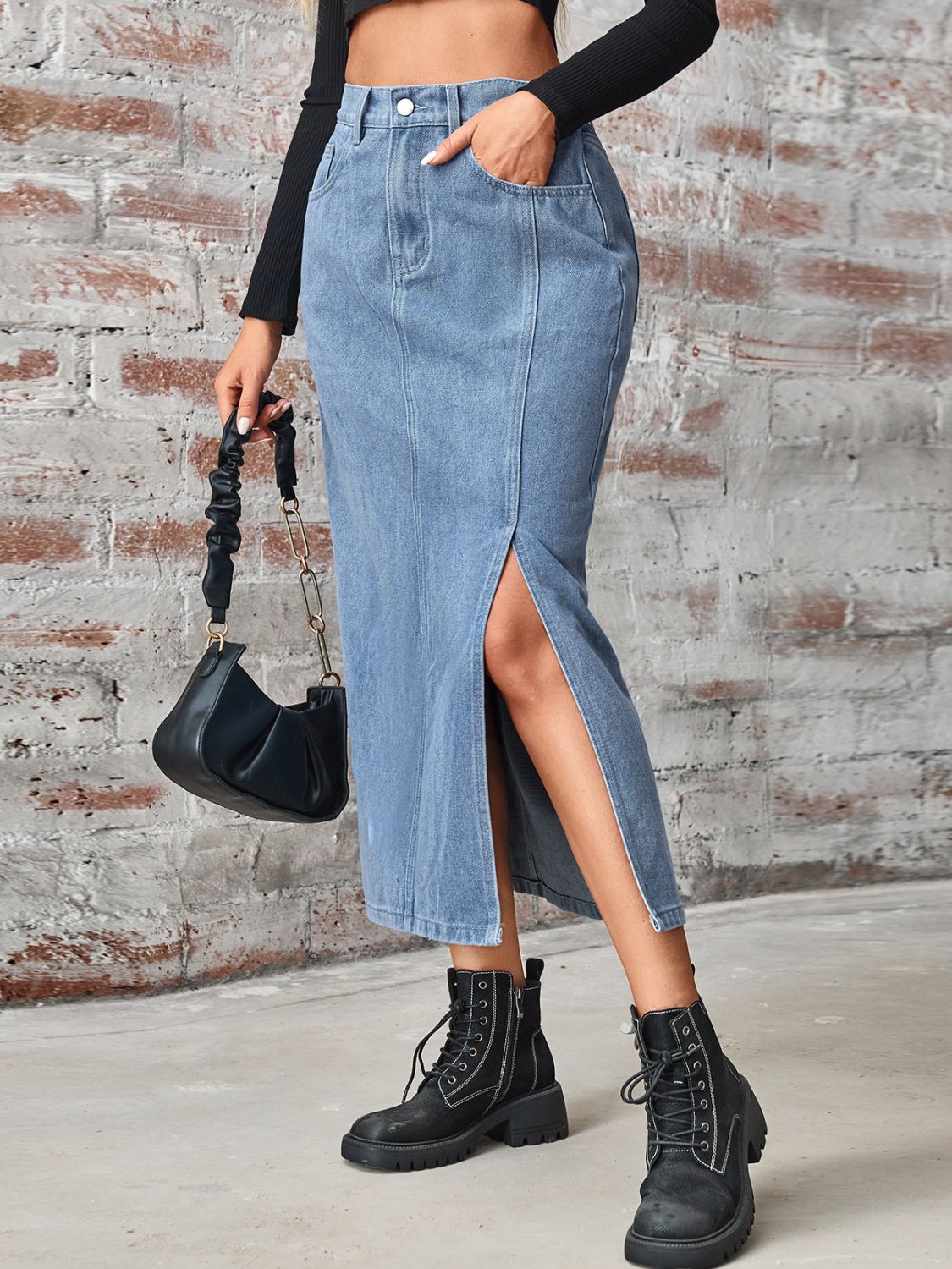 Honeybee Mumford's Slit High Waist Denim Skirt with Pockets