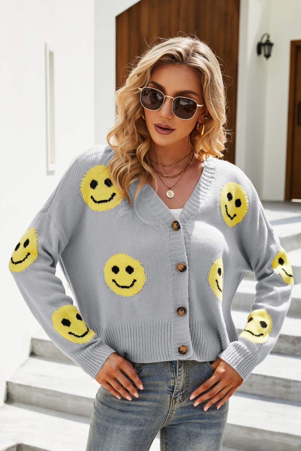 Honeybee Mumford's Smiley Face Ribbed Trim V-Neck Cardigan