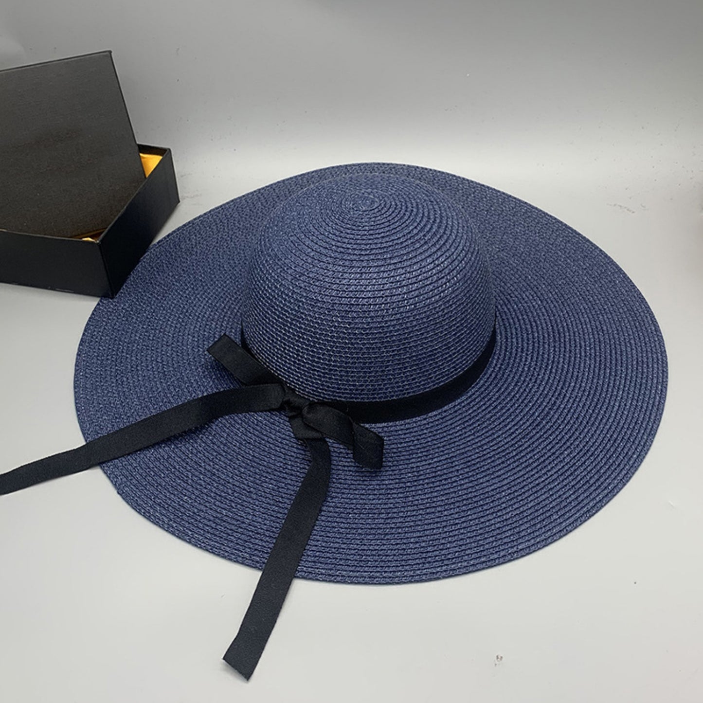 Honeybee Mumford's Paper Braided Wide Brim Hat w/ black Bow in Ivory, Navy, Black, Tan