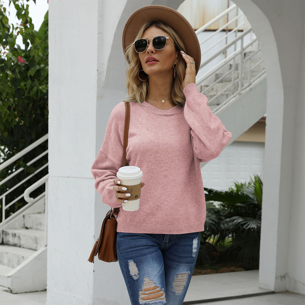 Honeybee Mumford's Round Neck Long Sleeve Drop Shoulder Sweater