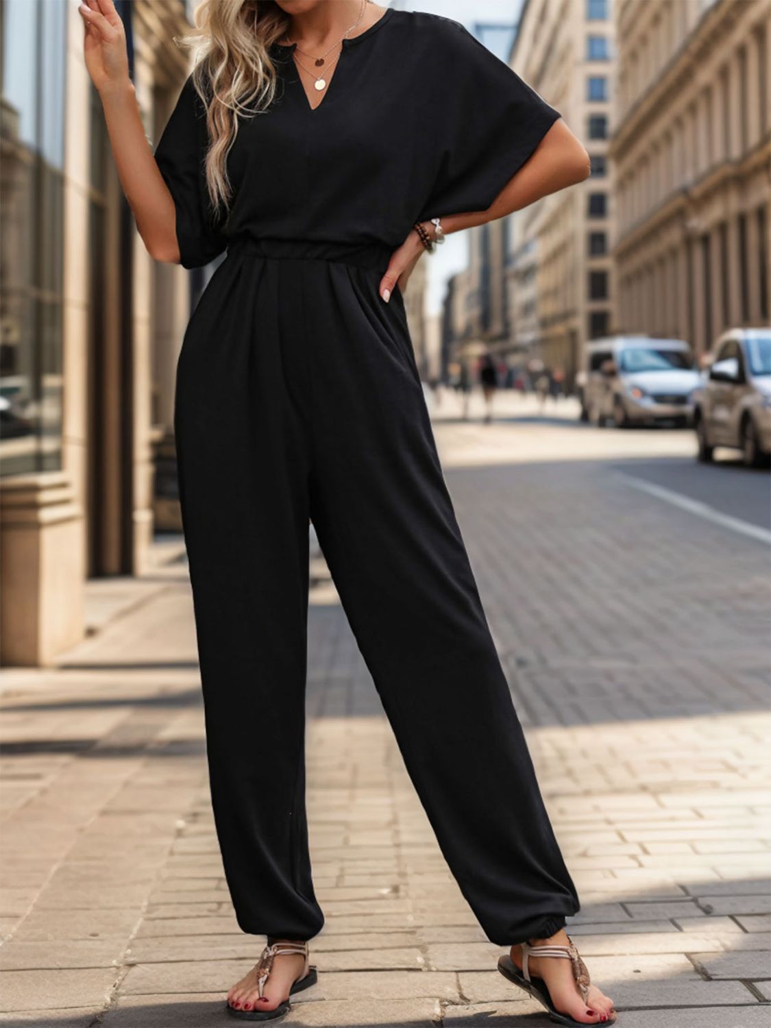 Honeybee Mumford's Notched Half Sleeve Straight Jumpsuit