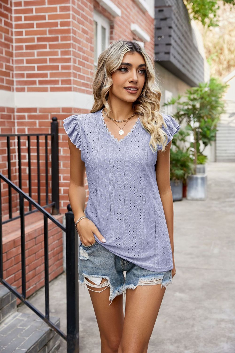 Honeybee Mumford's Eyelet Flutter Sleeve Scalloped V-Neck Top