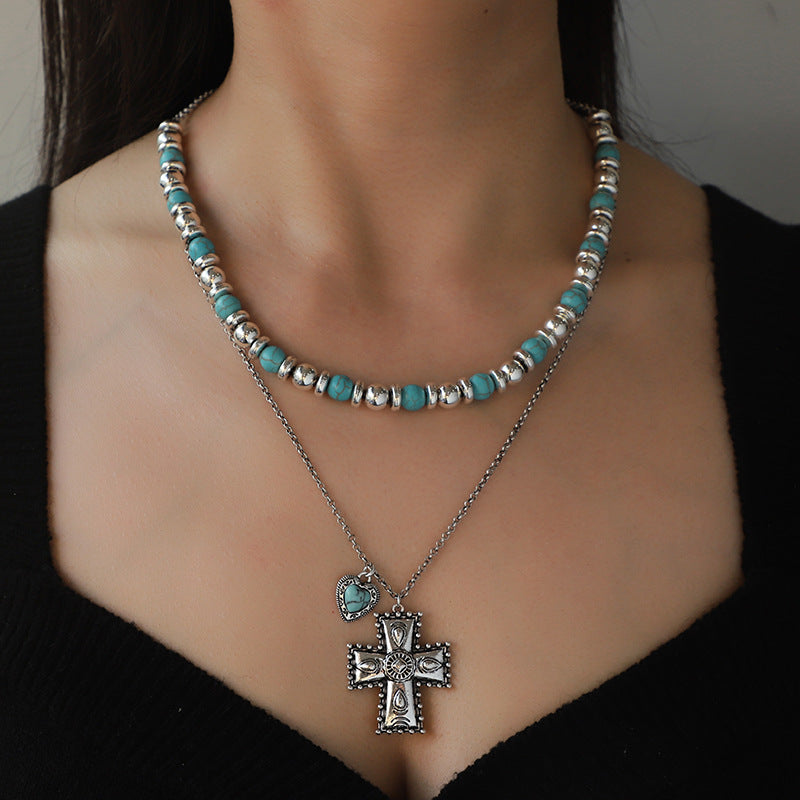 Honeybee Mumford's Turquoise Beaded Double-Layered Cross Necklace