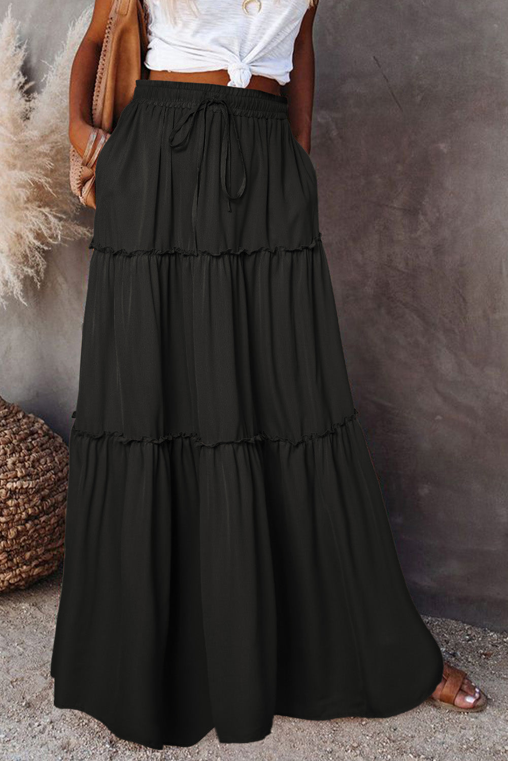 Honeybee Mumford's Black Frill Tiered Drawstring Waist Maxi Skirt