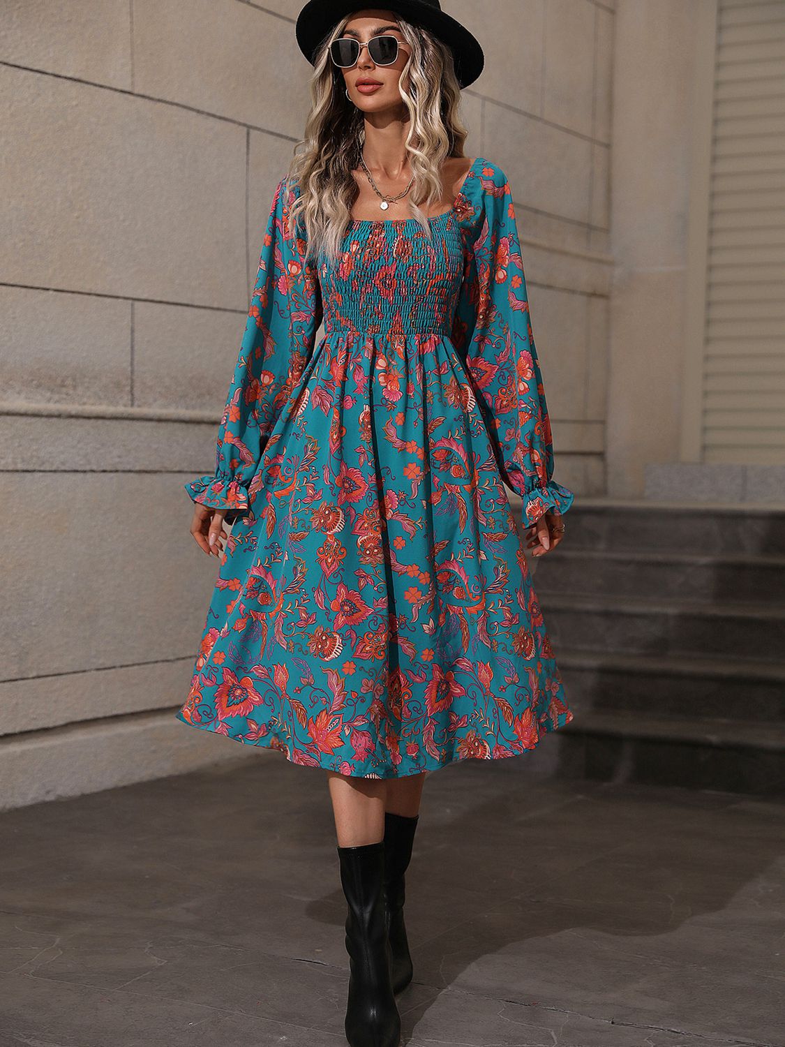 Honeybee Mumford's Printed Square Neck Flounce Sleeve Dress