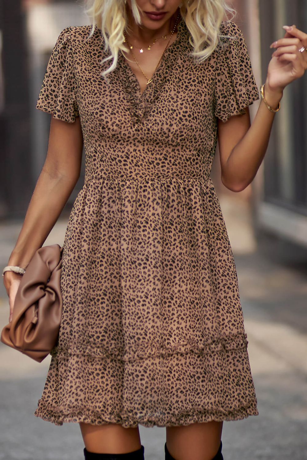 Honeybee Mumford's Printed Flutter Sleeve V-Neck short Dress