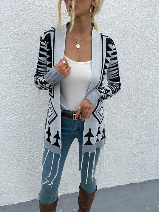 Honeybee Mumford's Geometric Fringe Hem Open Front Cardigan