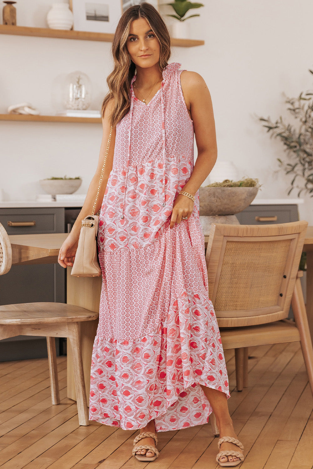 Honeybee Mumford's Mixed Print Tie-Neck Sleeveless Maxi Dress