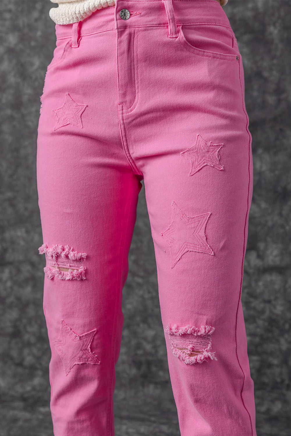 Honeybee Mumford's Pink Star Shape Patchwork Mid Waist Straight Leg Jeans