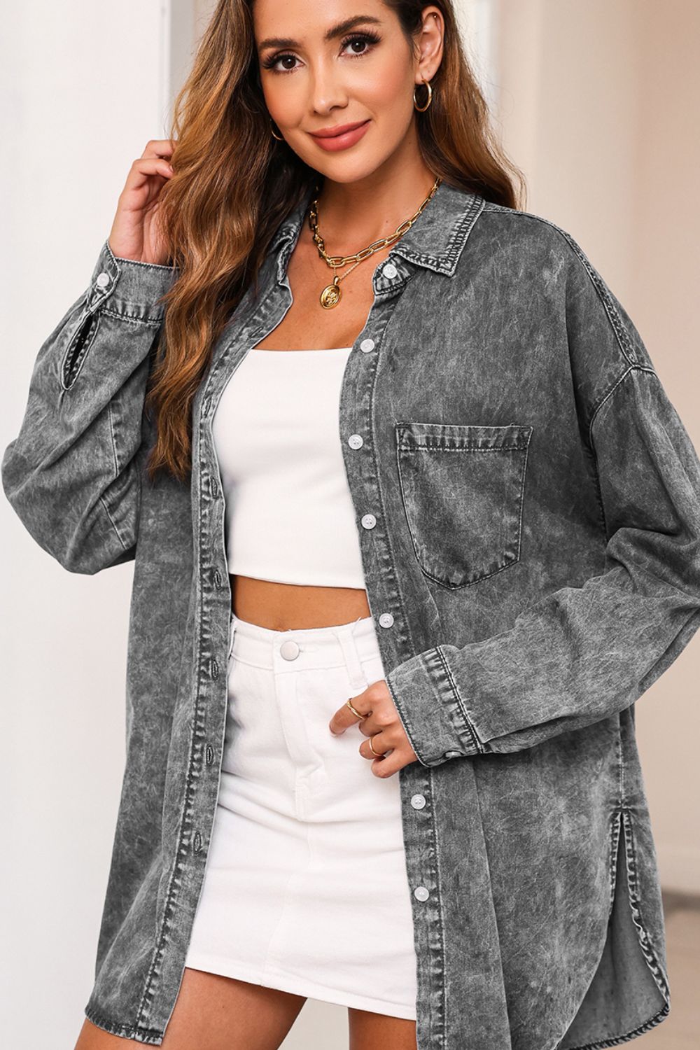 Honeybee Mumford's Button Up Dropped Shoulder Denim Top