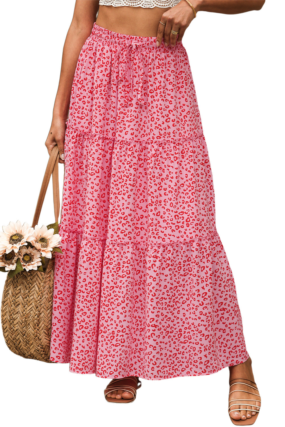 Honeybee Mumford's Pink Leopard Print Frilled Drawstring High Waist Maxi Skirt