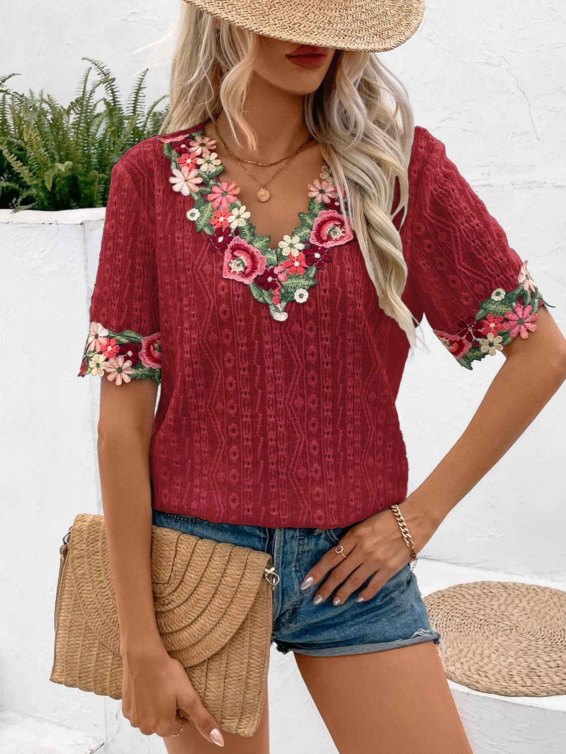 Honeybee Mumford's Eyelet Embroidered V-Neck Short Sleeve Blouse